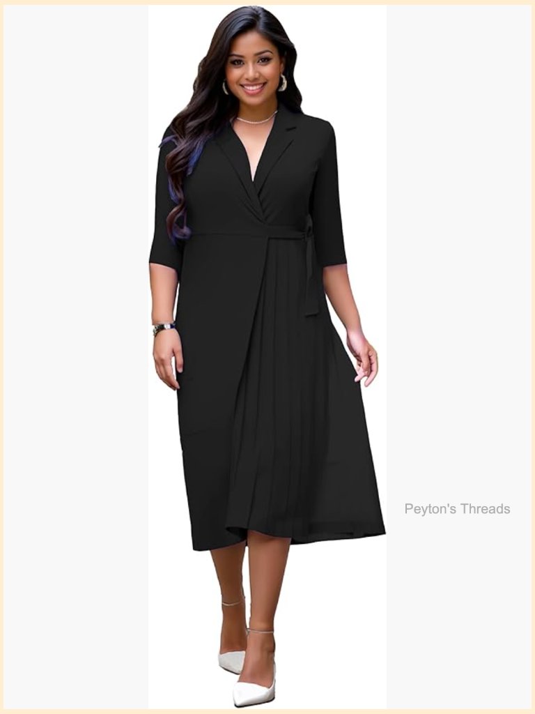 Plus Size Wrap Dress Elegant Pleated Formal Midi Suit Collar 3/4 Sleeve Belted